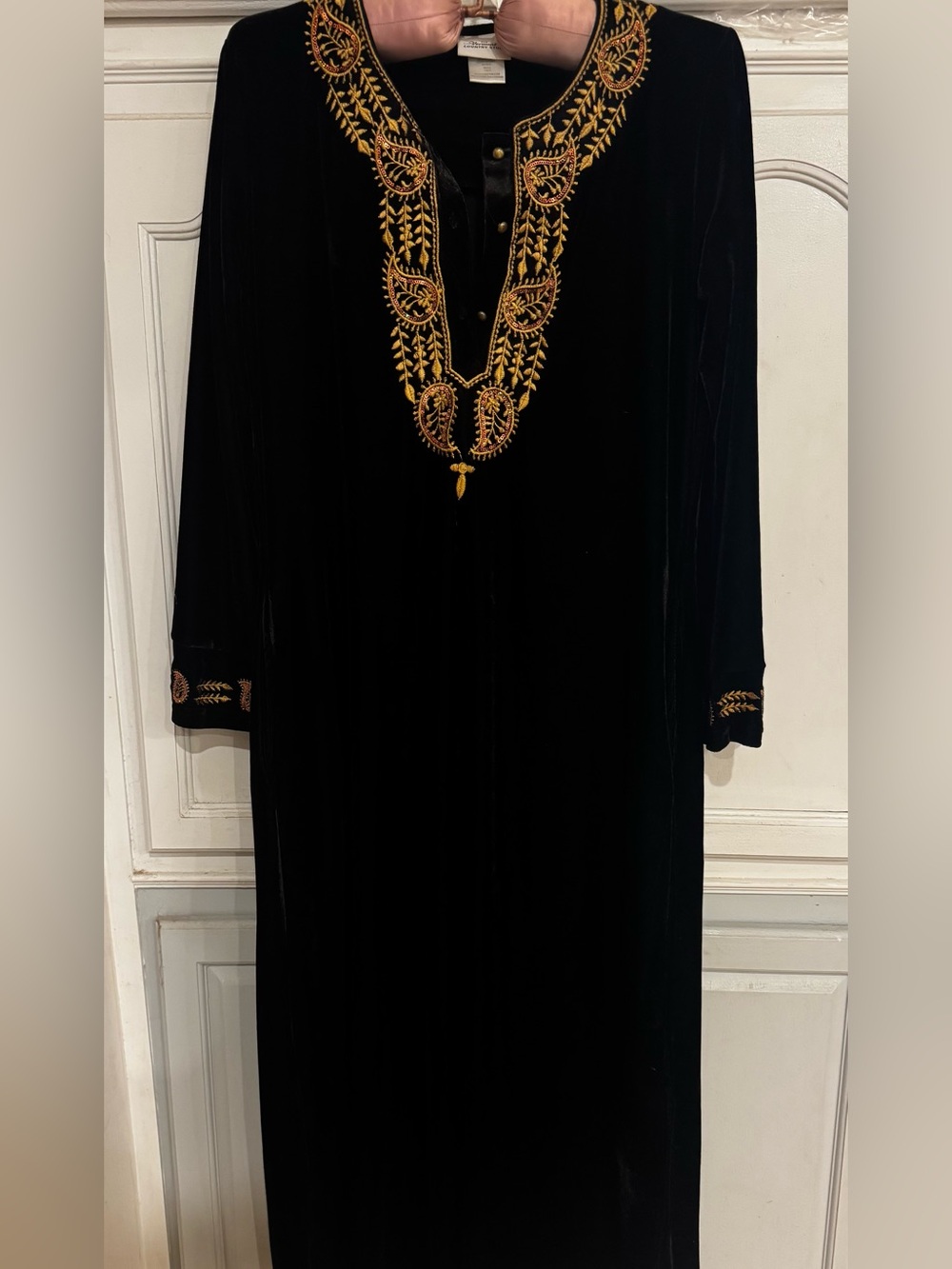 Vermont country store Black Velvet Maxi Dress with Gold Embroidered V-Neck